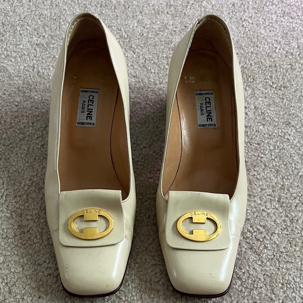 Celine Cream Leather Square-Toe Pumps with Gold Logo Plaque